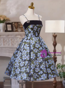 Black Print Spaghetti Straps Homecoming Dress