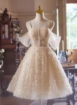 Champagne Tulle Sequins Spaghetti Straps Homecoming Dress