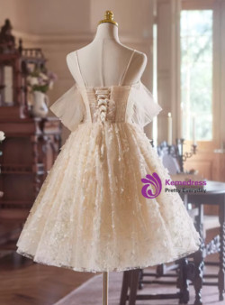 Champagne Tulle Sequins Spaghetti Straps Homecoming Dress