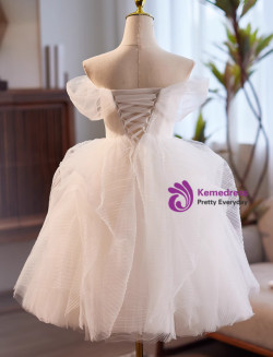 White Tulle Pearls Pleats Wedding Dress White Tulle Pearls Pleats Wedding Dress
