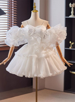 White Tulle Pleats Straps Puff Sleeve Wedding Dress