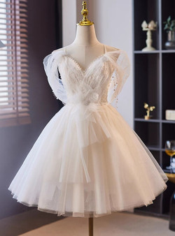 White Tulle Lace Straps Flower Wedding Dress