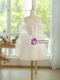 White Tulle Sequins Pearls Homecoming Dress