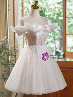 White Tulle Lace Straps Pearls Homecoming Dress