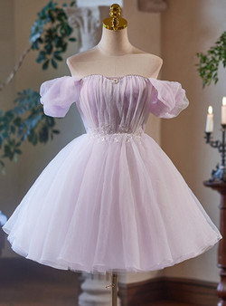 Purple Tulle Off the Shoulder Pleats Beading Homecoming Dress Purple Tulle Off the Shoulder Pleats Beading Homecoming Dress