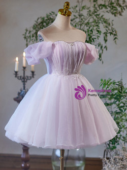 Purple Tulle Off the Shoulder Pleats Beading Homecoming Dress Purple Tulle Off the Shoulder Pleats Beading Homecoming Dress