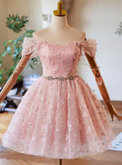 Pink Tulle Flower Off the Shoulder Beading Homecoming Dress