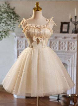 Champagne Tulle Sequins Straps Pleats Homecoming Dress