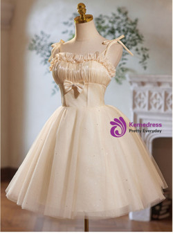 Champagne Tulle Sequins Straps Pleats Homecoming Dress