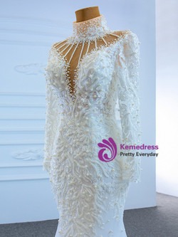 White Mermaid Tulle Backless Appliques Beading Wedding Dress