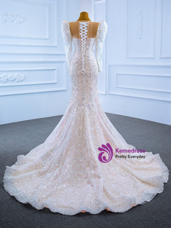 Sexy Champagne Mermaid Sequins Long Sleeve Wedding Dress
