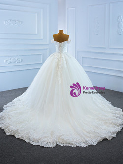 White Off the Shoulder Tulle Appliques Wedding Dress