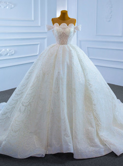 White Ball Gown Tulle Sequins Pearls Wedding Dress