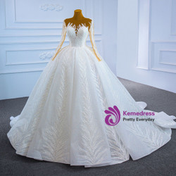 White Tulle Sequins Lace Long Sleeve Wedding Dress