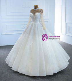 White Tulle Pearls High Neck Long Sleeve Wedding Dress