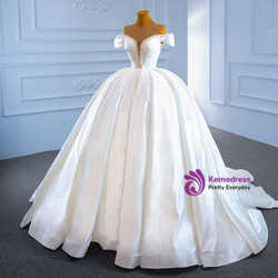 White Ball Gown Satin Pearls Wedding Dress