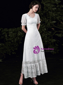 White Lace Short Sleeve Wedding Dress