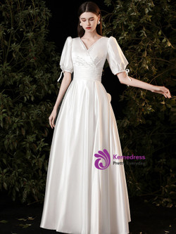 White Satin V-neck Pleats Pearls Wedding Dress