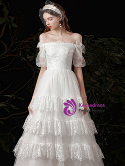 White Tulle Lace Off the Shoulder Short Sleeve Wedding Dress