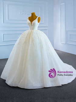 White Ball Gown Tulle Sequins Beading V-neck Wedding Dress