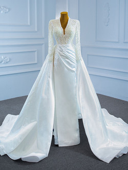 White Mermaid Satin Backless Long Sleeve Wedding Dress