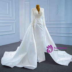 White Mermaid Satin Backless Long Sleeve Wedding Dress