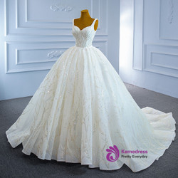 Luxury White Ball Gown Tulle Sequins Straps Wedding Dress