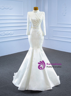 White Mermaid Satin High Neck Wedding Dress With Detachable Train