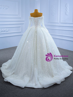 White Sequins Beading Long Sleeve Off the Shoulder Wedding Dress