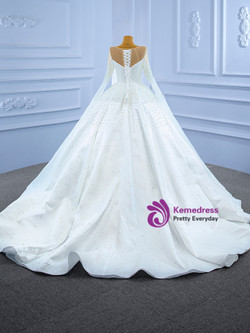 Luxury Ball Gown White Satin Long Sleeve Pearls Wedding Dress