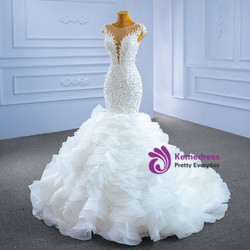 White Mermaid Cap Sleeve Beading Pearls Wedding Dress White Mermaid Cap Sleeve Beading Pearls Wedding Dress