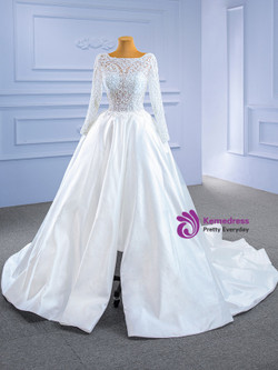 White Satin Lace Appliques Long Sleeve Beading Wedding Dress