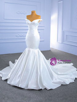 Simple White Mermaid Satin Off the Shoulder Wedding Dress