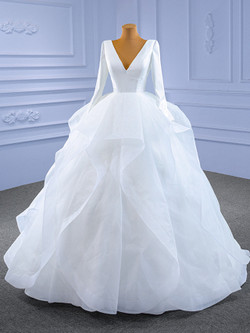 White Satin Deep V-neck Long Sleeve Wedding Dress