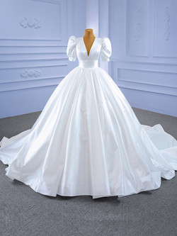 White Satin V-neck Puff Sleeve Wedding Dress White Satin V-neck Puff Sleeve Wedding Dress