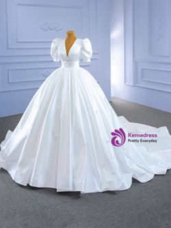 White Satin V-neck Puff Sleeve Wedding Dress White Satin V-neck Puff Sleeve Wedding Dress