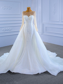 White Mermaid Tulle Pearls Wedding Dress With Detachable Train