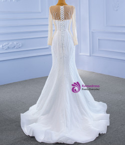 White Mermaid Tulle Pearls Wedding Dress With Detachable Train