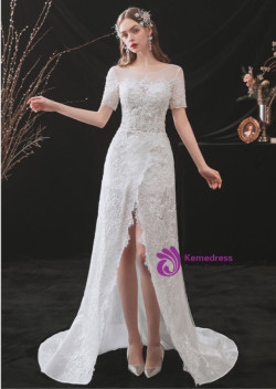 White Lace Short Sleeve Wedding Dress With Detachable Train