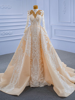 Champagne Mermaid Lace Long Sleeve Wedding Dress With Detachable Train