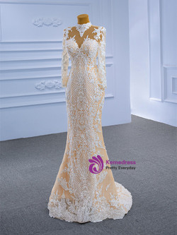Champagne Mermaid Lace Long Sleeve Wedding Dress With Detachable Train