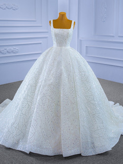 White Straps Tulle Sequins Beading Wedding Dress