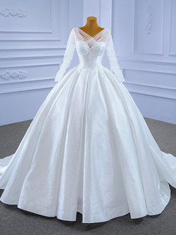 White Satin Long Sleeve V-neck Backless Wedding Dress