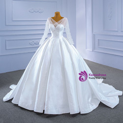 White Satin Long Sleeve V-neck Backless Wedding Dress