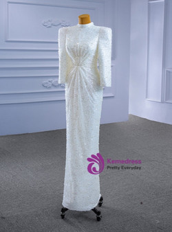 White Mermaid High Neck Sequins Pearls Wedding Dress