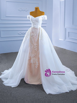 White Tulle Appliques Off the Shoulder Wedding Dress