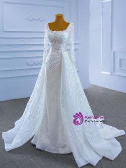 White Mermaid Sequins Square Wedding Dress With Detachable Train