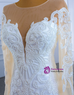 White Long Sleeve Mermaid Tulle Beading Wedding Dress