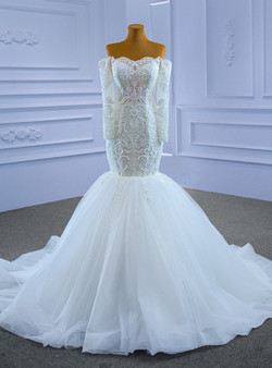 White Mermaid Long Sleeve Beading Wedding Dress