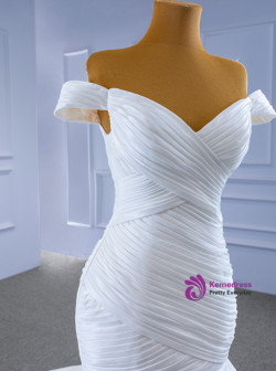 White Mermaid Satin Pleats Off the Shoulder Wedding Dress